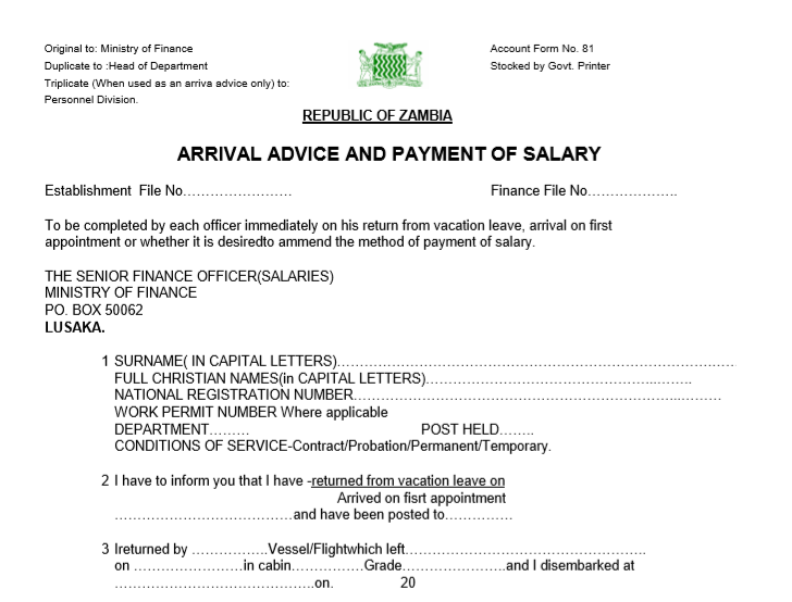 ARRIVAL ADVICE AND PAYMENT OF SALARY