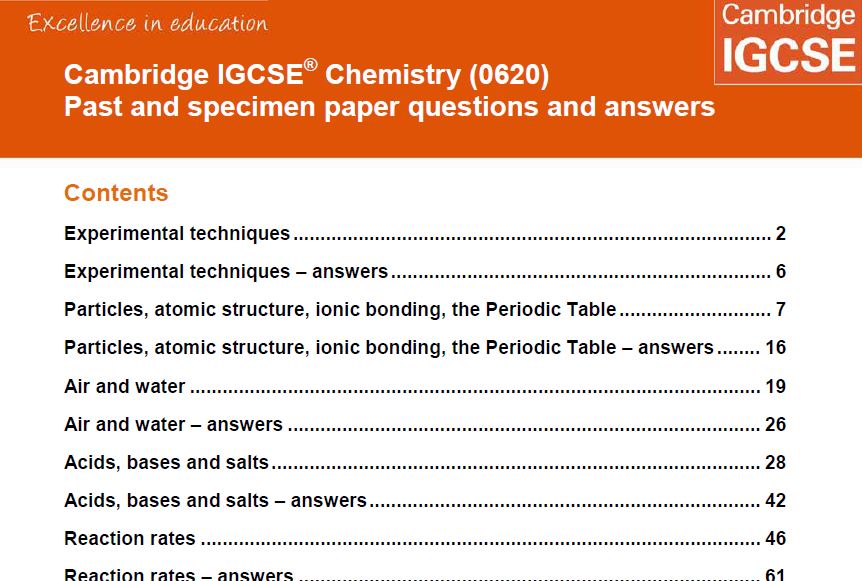 Cambridge IGCSE Chemistry Past and specimen paper questions and answers