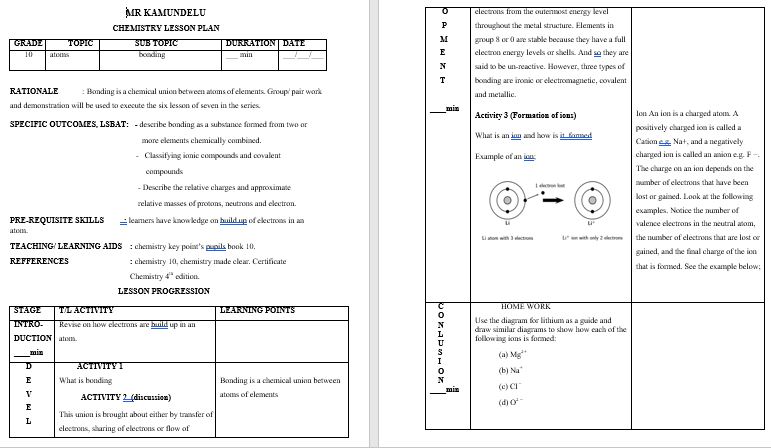 Grade 10 Chemistry Editable Lesson Plan